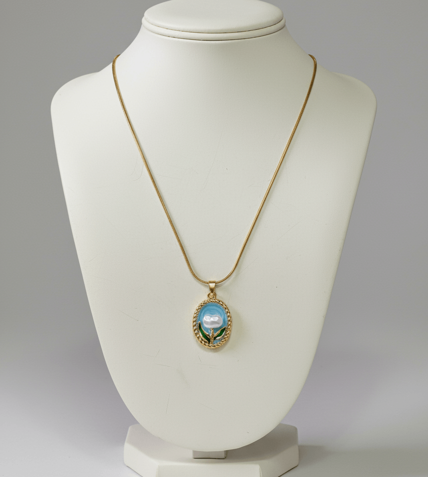 Chain with Blue Enamel & Pearl Design