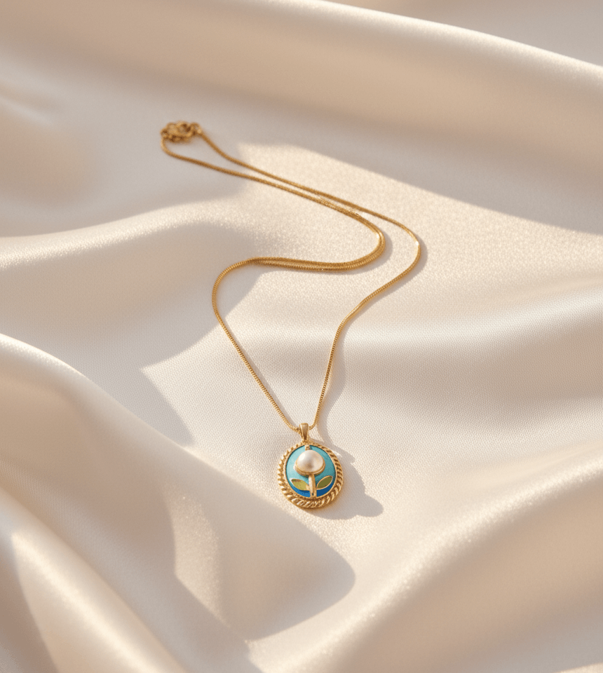 Chain with Blue Enamel & Pearl Design - Image 3