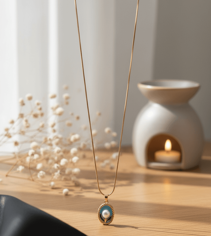 Chain with Blue Enamel & Pearl Design - Image 5