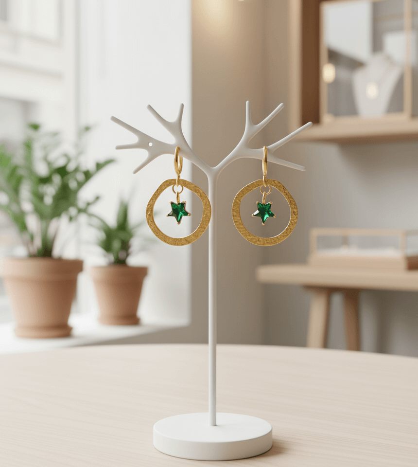 Emerald Star Textured Gold Hoop Earrings - Image 3